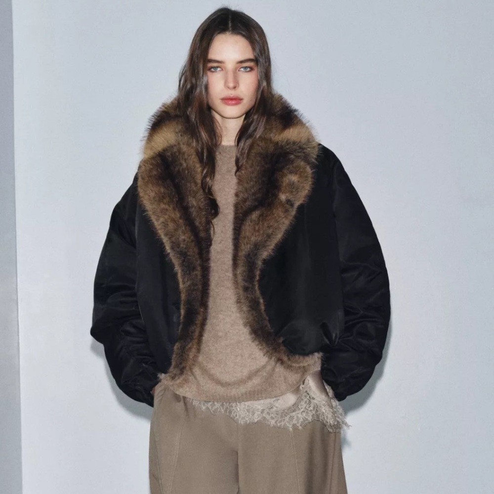Zara Black Faux Fur Collar Bomber Jacket